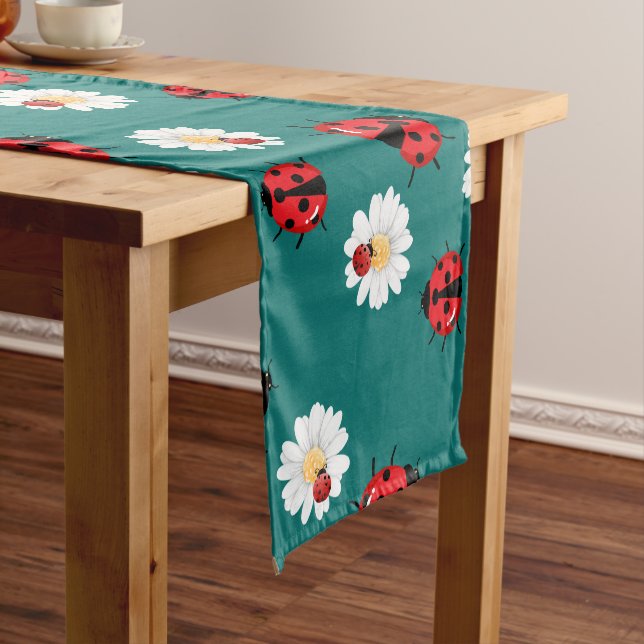 Cute red polka dot Ladybug flower summer Girly Short Table Runner (In Situ)
