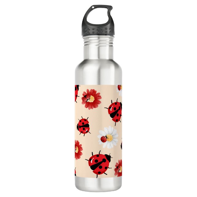 Cute red polka dot Ladybug flower summer Girly Stainless Steel Water Bottle (Front)