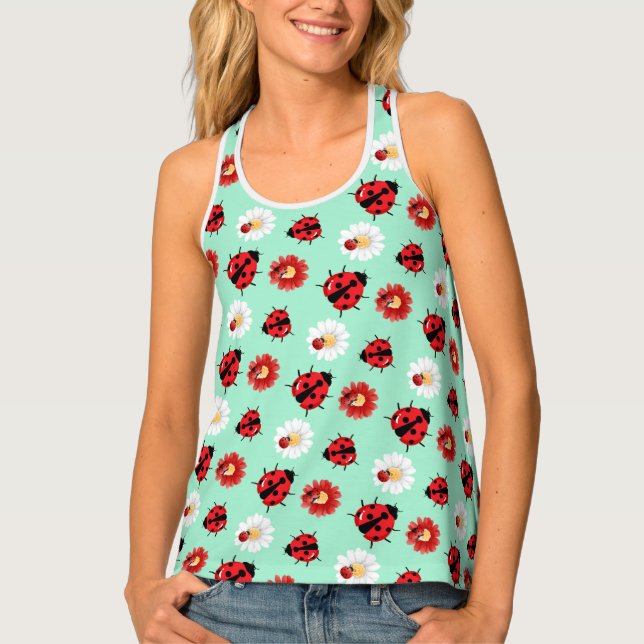 Cute red polka dot Ladybug flower summer Girly Tank Top (Front)