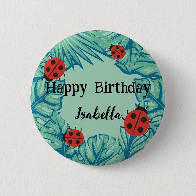 Cute red Polka dot Ladybug Jungle Leave Birthday  Button (Front)