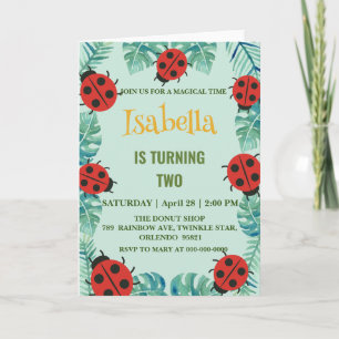 Cute red Polka dot Ladybug Jungle Leave Birthday  Invitation