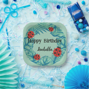 Cute red Polka dot Ladybug Jungle Leave Birthday  Paper Plates