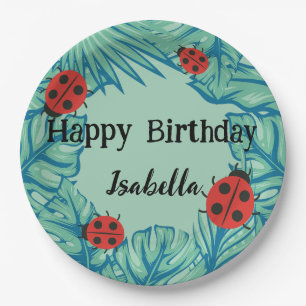 Cute red Polka dot Ladybug Jungle Leaves Birthday Paper Plates
