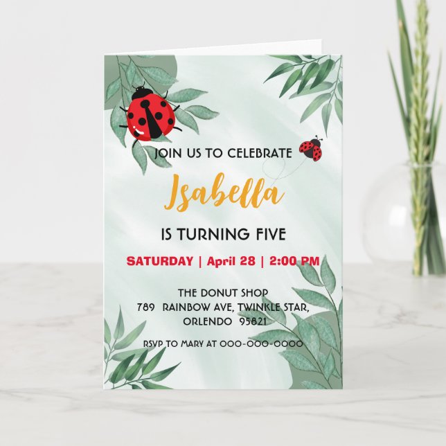 Cute red Polka dot Ladybug leaf jungle Birthday  Invitation (Front)