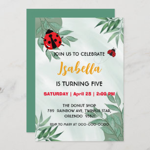Cute red Polka dot Ladybug leaf jungle Birthday  Invitation
