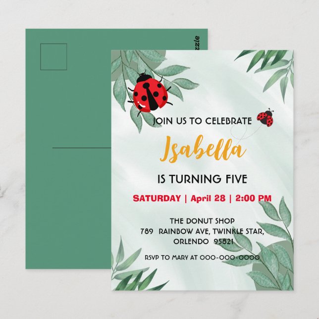 Cute red Polka dot Ladybug leaf jungle Birthday  Postcard (Front/Back)