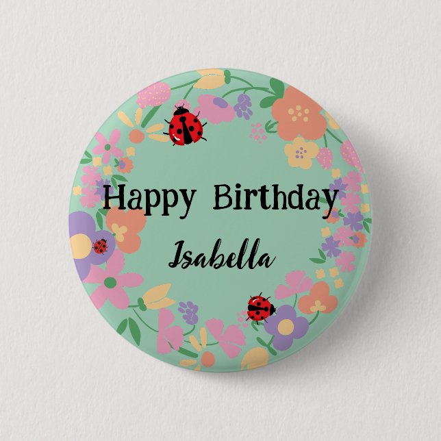 Cute red Polka dot Ladybug Spring Flower Birthday  Button (Front)