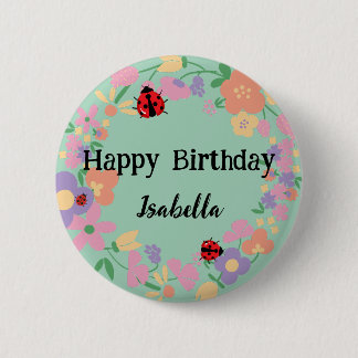 Cute red Polka dot Ladybug Spring Flower Birthday Button