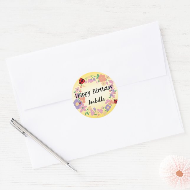 Cute red Polka dot Ladybug Spring Flower Birthday  Classic Round Sticker (Envelope)