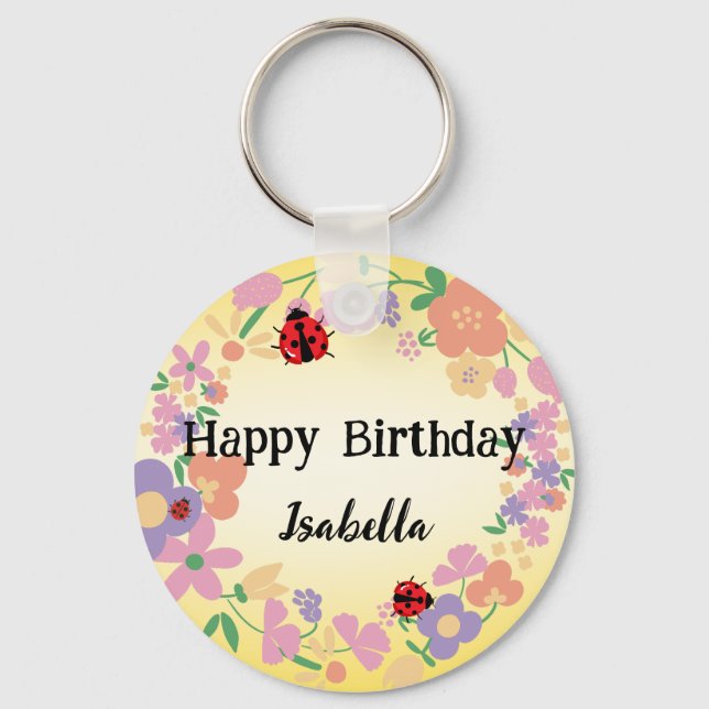 Cute red Polka dot Ladybug Spring Flower Birthday  Keychain (Front)