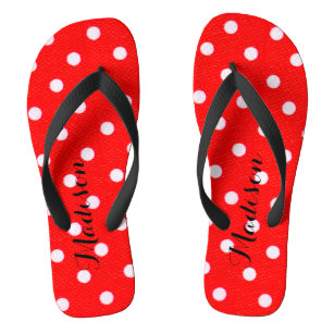 red and white polka dot flip flops
