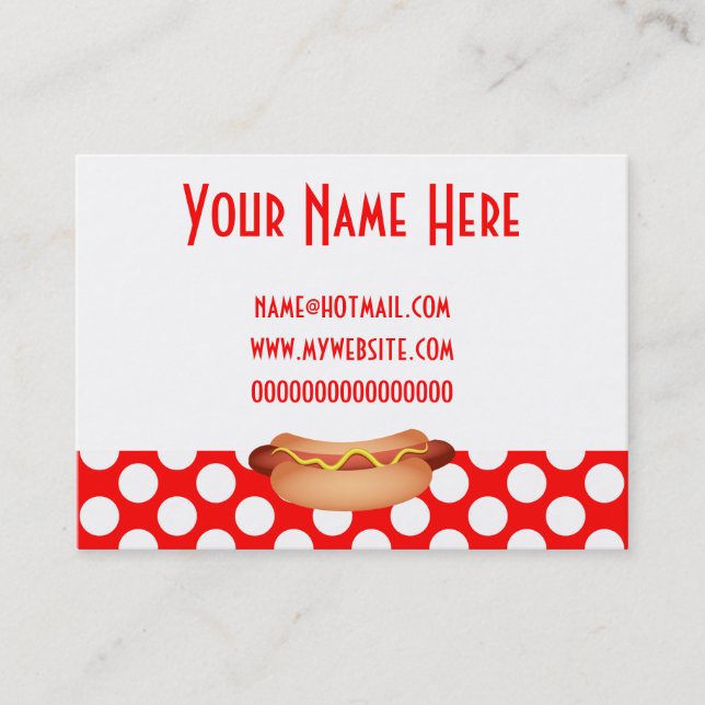 Cute Red Polka Dots & Tasty Hotdog Snack Design Business Card (Front)