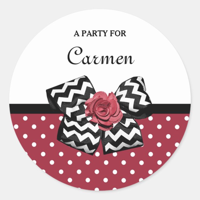 Cute Red Polka Dots With Chevron Rose Bow and Name Classic Round Sticker (Front)