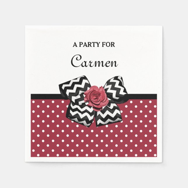 Cute Red Polka Dots With Chevron Rose Bow and Name Napkins (Front)