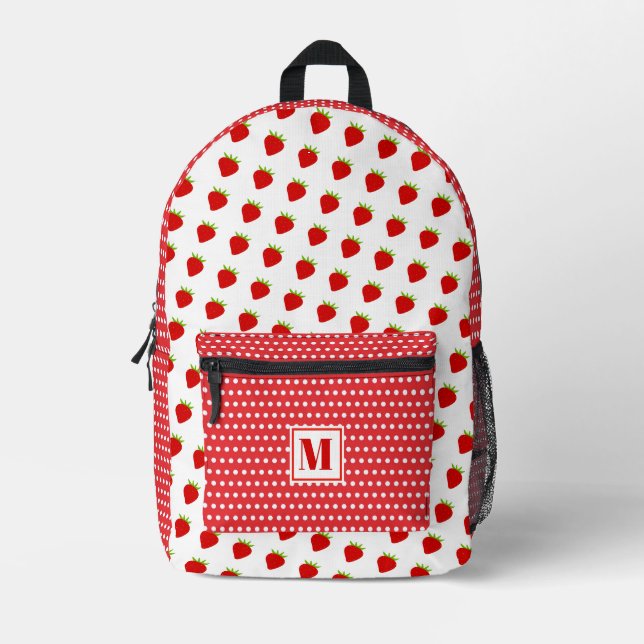 Cute Red Polkadots & Strawberries Monogrammed Kids Printed Backpack (Front)