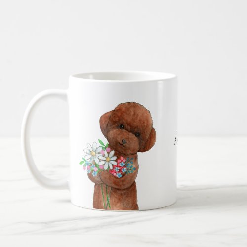 Cute Red Poodle doodle Puppy Flower Custom Name Coffee Mug