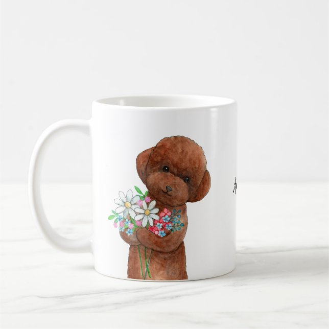 Cute Red Poodle doodle Puppy Flower Custom Name Coffee Mug (Left)