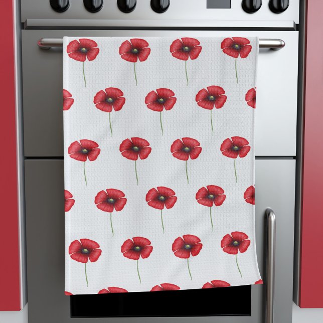Cute Red Poppy Flower Pattern on White Kitchen Towel (A cute poppy pattern kitchen towel that will look fabulous in your kitchen. )