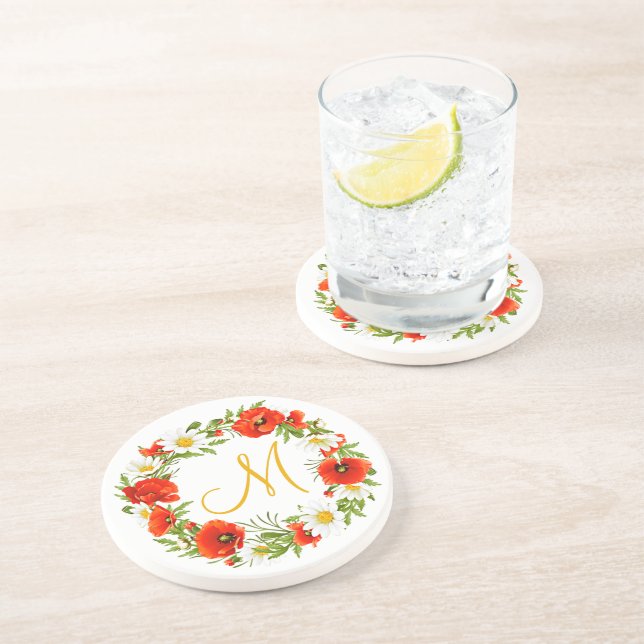 Cute Red Poppy White Yellow Daisy Flowers Wreath Coaster (Side)