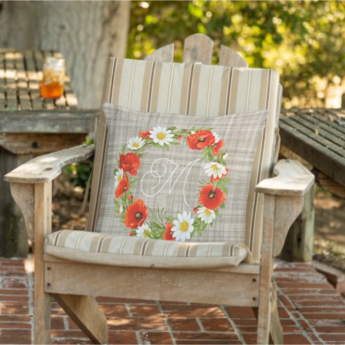 Cute Red Poppy White Yellow Daisy Flowers Wreath Outdoor Pillow