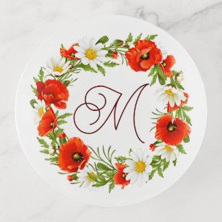 Cute Red Poppy White Yellow Daisy Flowers Wreath Trinket Tray