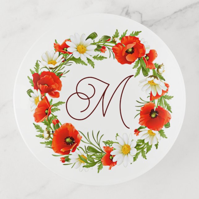 Cute Red Poppy White Yellow Daisy Flowers Wreath Trinket Tray (Front)