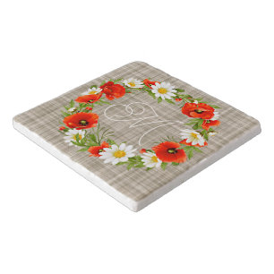 Cute Red Poppy White Yellow Daisy Flowers Wreath Trivet