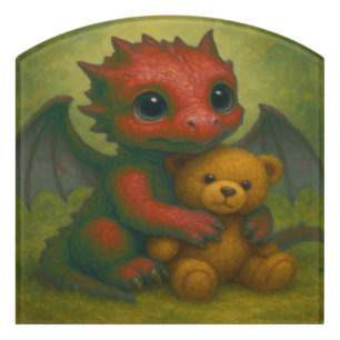 Cute Red Puppy-Eyed Baby Dragon with Teddy Bear Door Sign