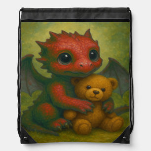 Cute Red Puppy-Eyed Baby Dragon with Teddy Bear Drawstring Bag