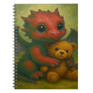 Cute Red Puppy-Eyed Baby Dragon with Teddy Bear Notebook