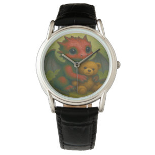 Cute Red Puppy-Eyed Baby Dragon with Teddy Bear Watch
