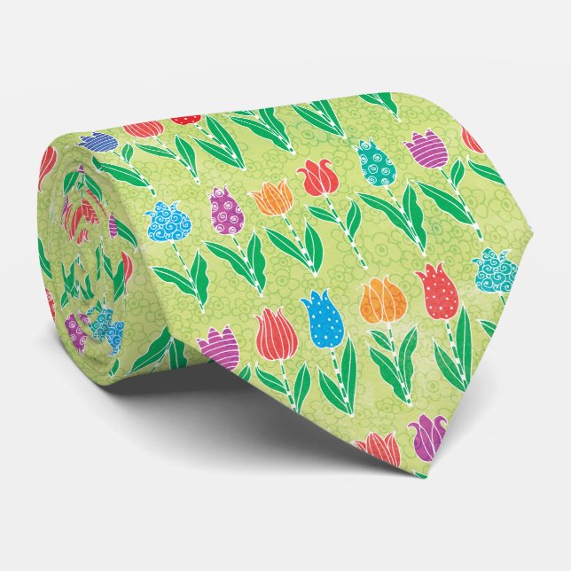 Cute Red Purple Blue Yellow Tulips Floral Pattern Neck Tie (Rolled)