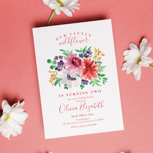 Cute Red Purple Little Wildflower Birthday Invitation