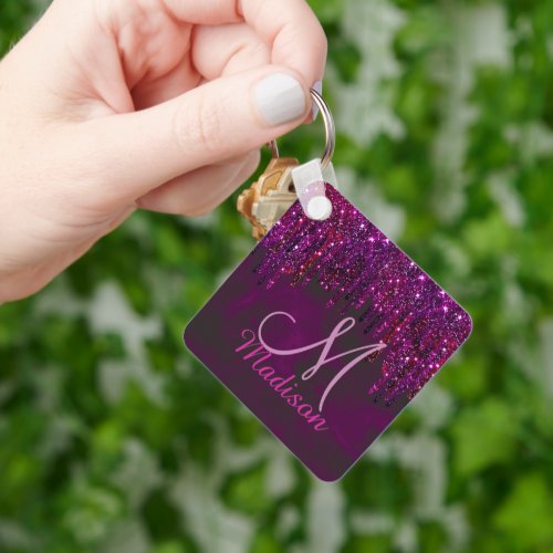 Cute red purple Unicorn Glitter Drips monogram Keychain