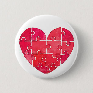Cute red puzzle heart watercolor button