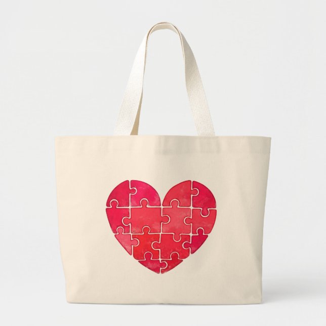 Cute red puzzle heart, watercolor print large tote bag (Front)