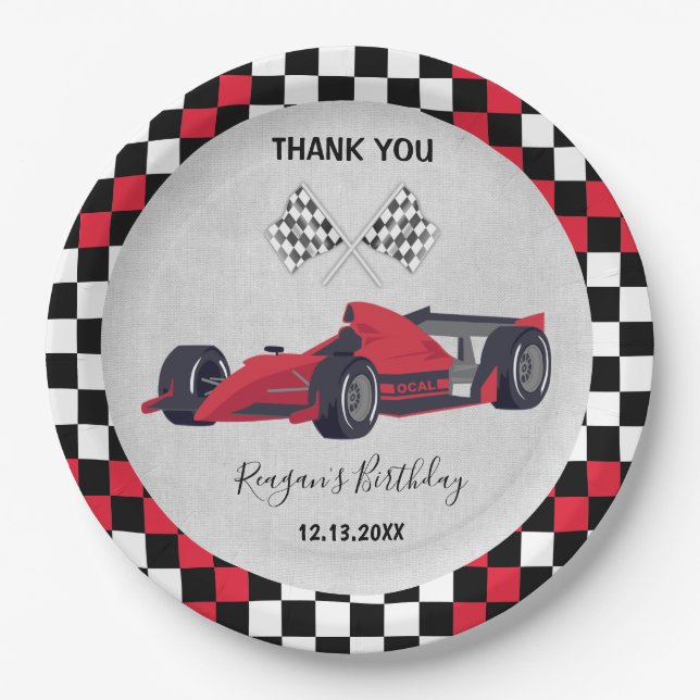 Cute Red Race Car Birthday Paper Plates (Front)