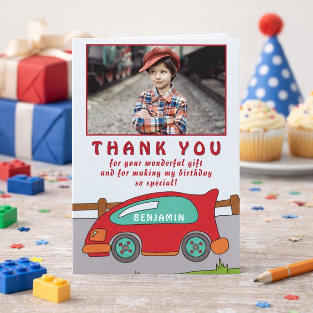 Cute Red Race Car Birthday Thank you Photo Card (Creator Uploaded)