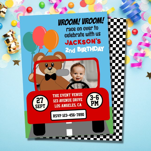 Cute Red Race Car Kids Birthday Photo Invitation (Creator Uploaded)