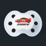 Cute red racecar pacifier gift for new baby boy<br><div class="desc">Cute red racecar pacifier gift for new baby boy. Colorful automotive vector design for kids. Add your own name, monogram or funny quote / saying. Fun gift idea for new baby boy and parents. Also great for 1st Birthday party. Custom soother for small children. Red toy race car design with...</div>