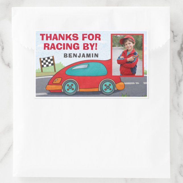 Cute Red Racing Car Birthday Photo  Rectangular Sticker (Bag)