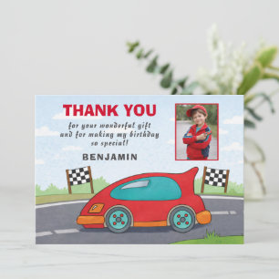 Cute Red Racing Car Birthday Photo  Thank You Card