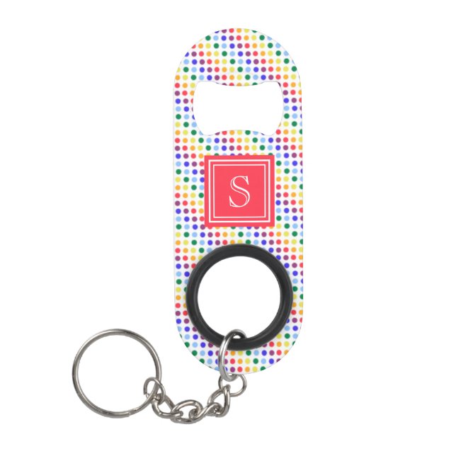 Cute Red Rainbow Polka Dots Monnogram Keychain Bottle Opener (Front)