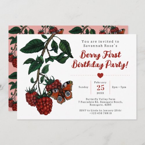 Cute Red Raspberry Berry First Birthday Party Invitation