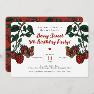 Cute Red Raspberry Berry Fruit 5th Birthday Party Invitation