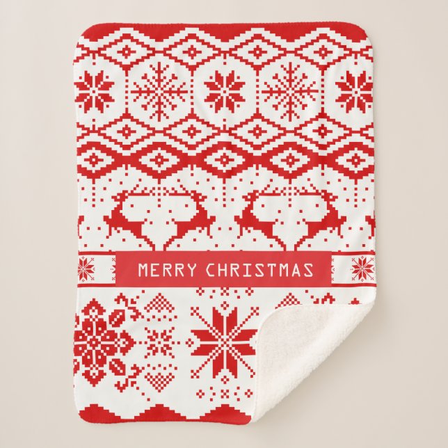 Cute Red Reindeer And Snowflakes Sherpa Blanket (Front)