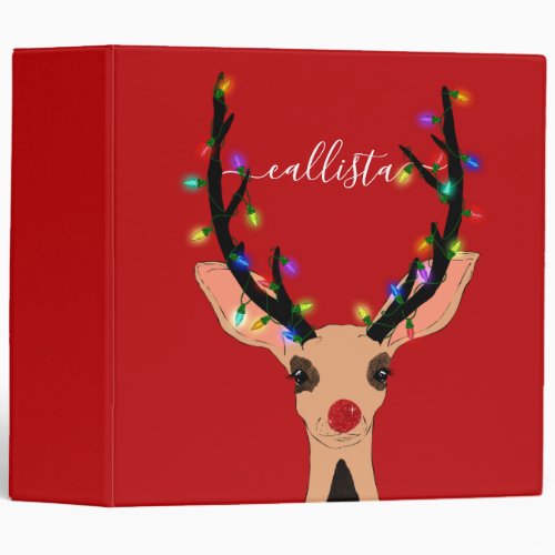 Cute Red Reindeer Deer Glowing Christmas Lights 3 Ring Binder