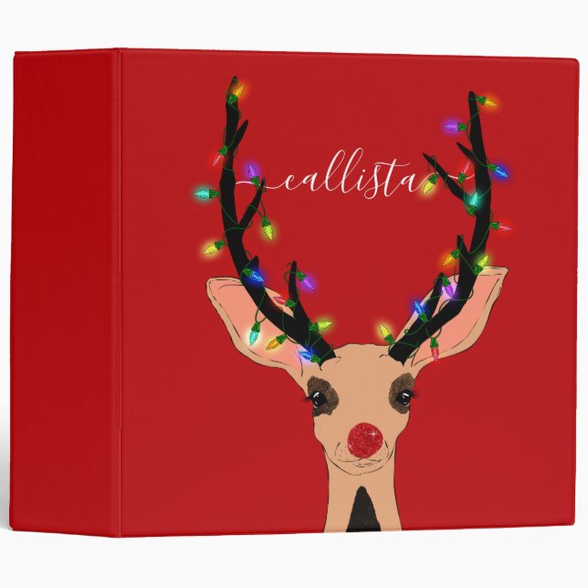 Cute Red Reindeer Deer Glowing Christmas Lights 3 Ring Binder (Front/Spine)