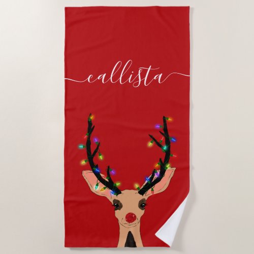 Cute Red Reindeer Deer Glowing Christmas Lights Beach Towel