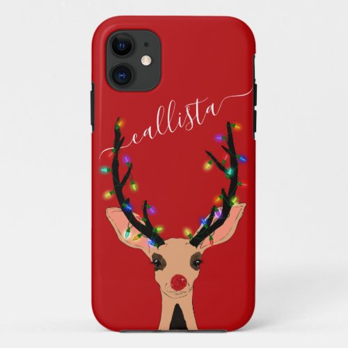 Cute Red Reindeer Deer Glowing Christmas Lights iPhone 11 Case